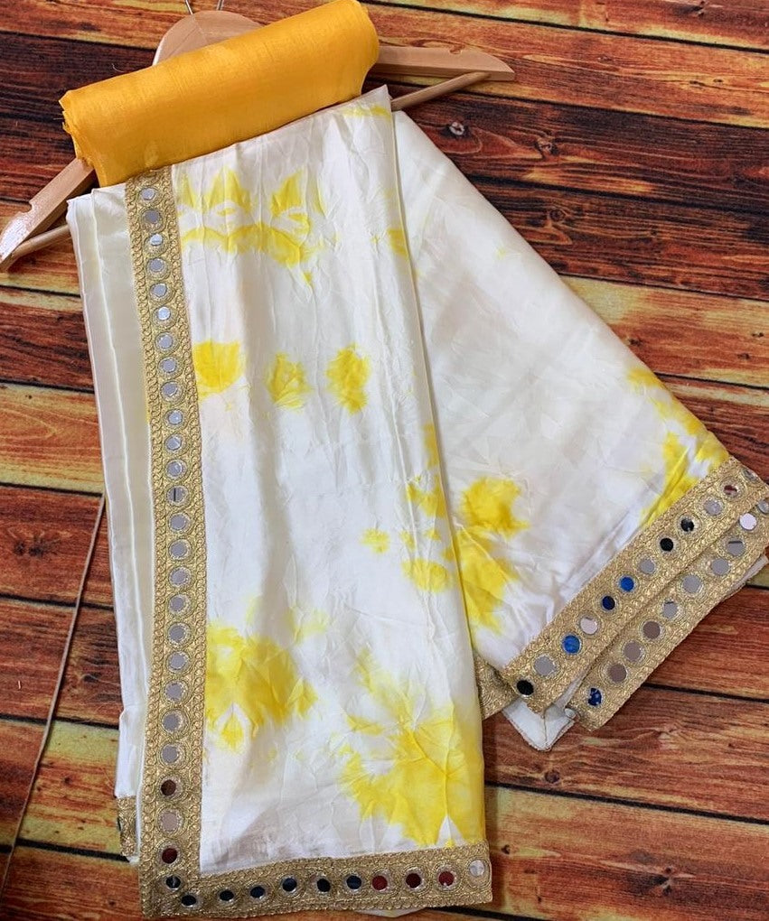 White gaji silk original mirror border handprinted work saree