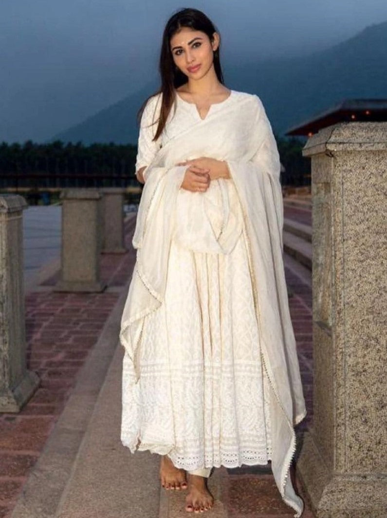 White georgette chain stich anarkali gown