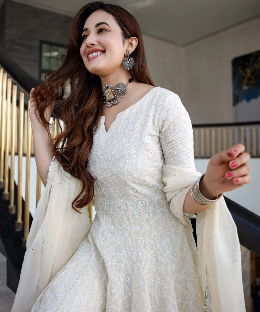 White georgette chain stich anarkali gown