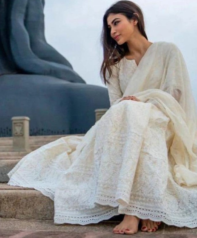 White georgette chain stich anarkali gown