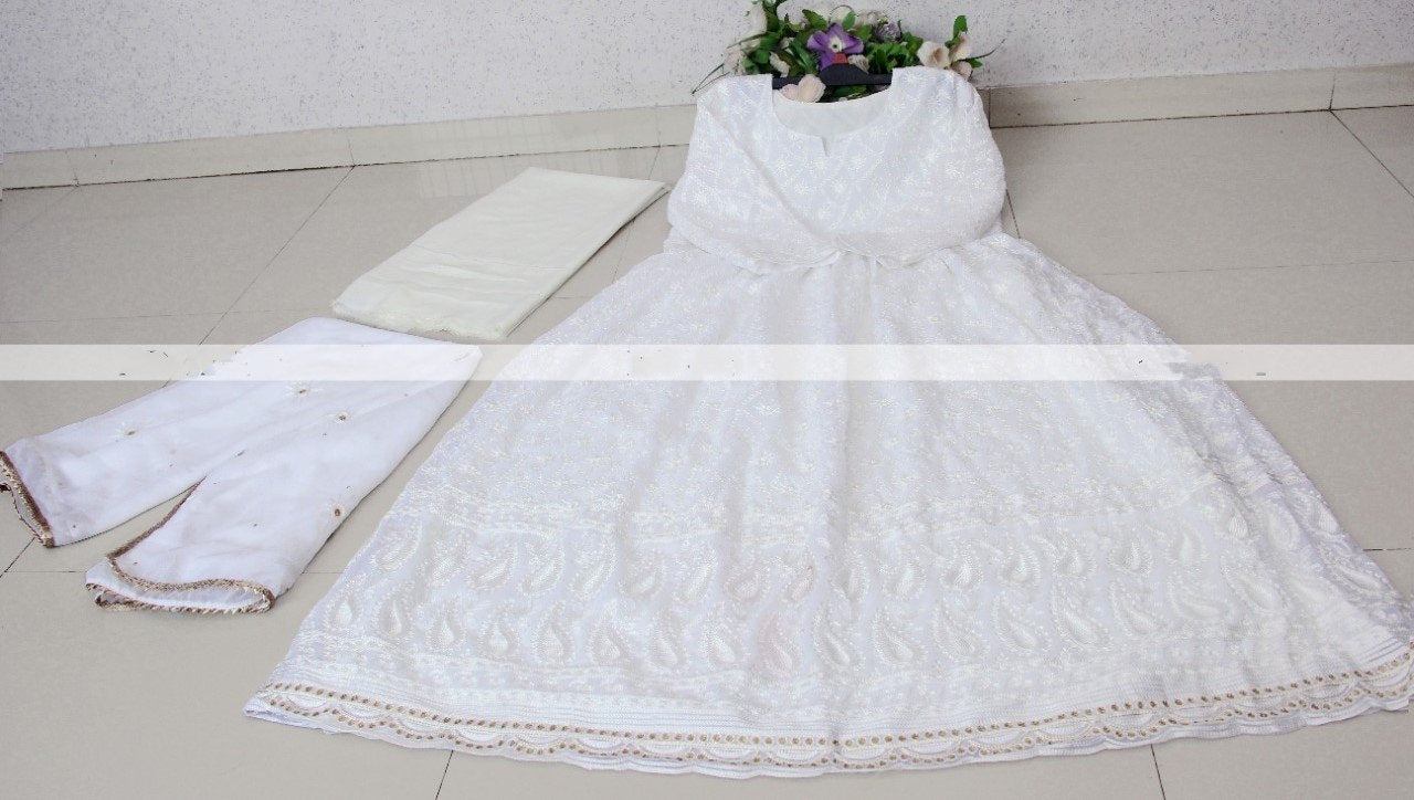 White georgette chain stich anarkali gown