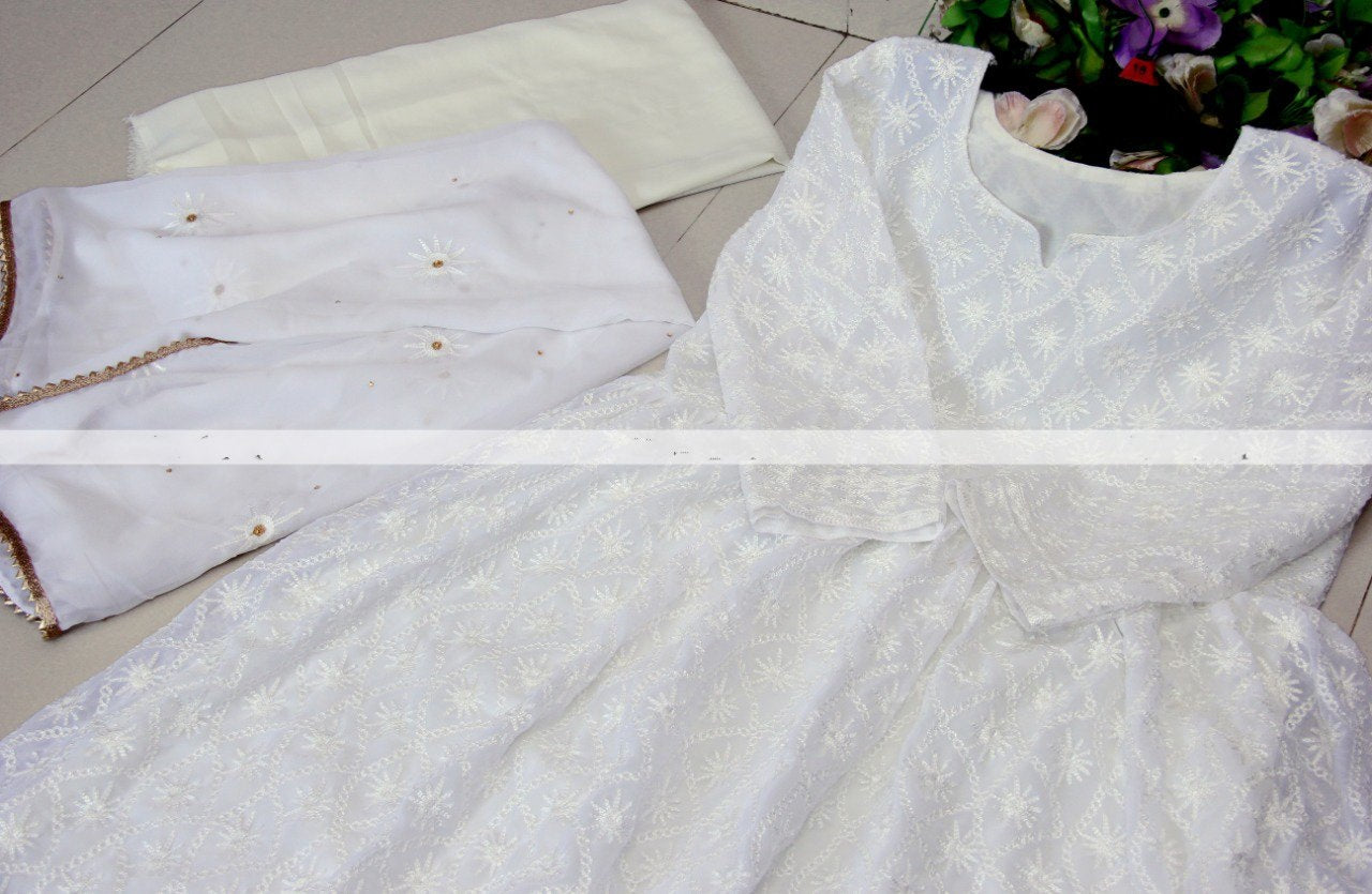 White georgette chain stich anarkali gown