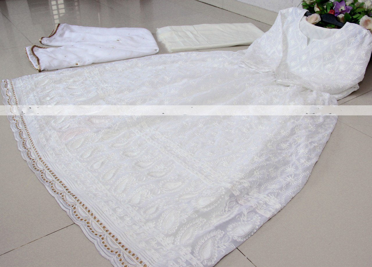 White georgette chain stich anarkali gown