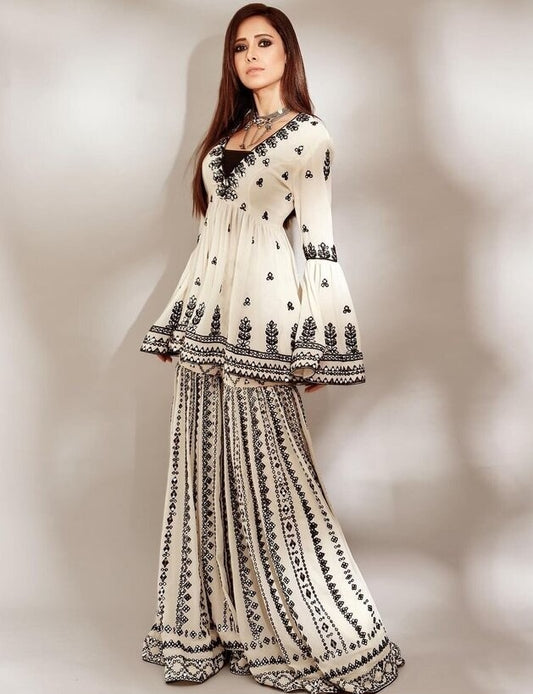 White georgette chain stich work sharara suit