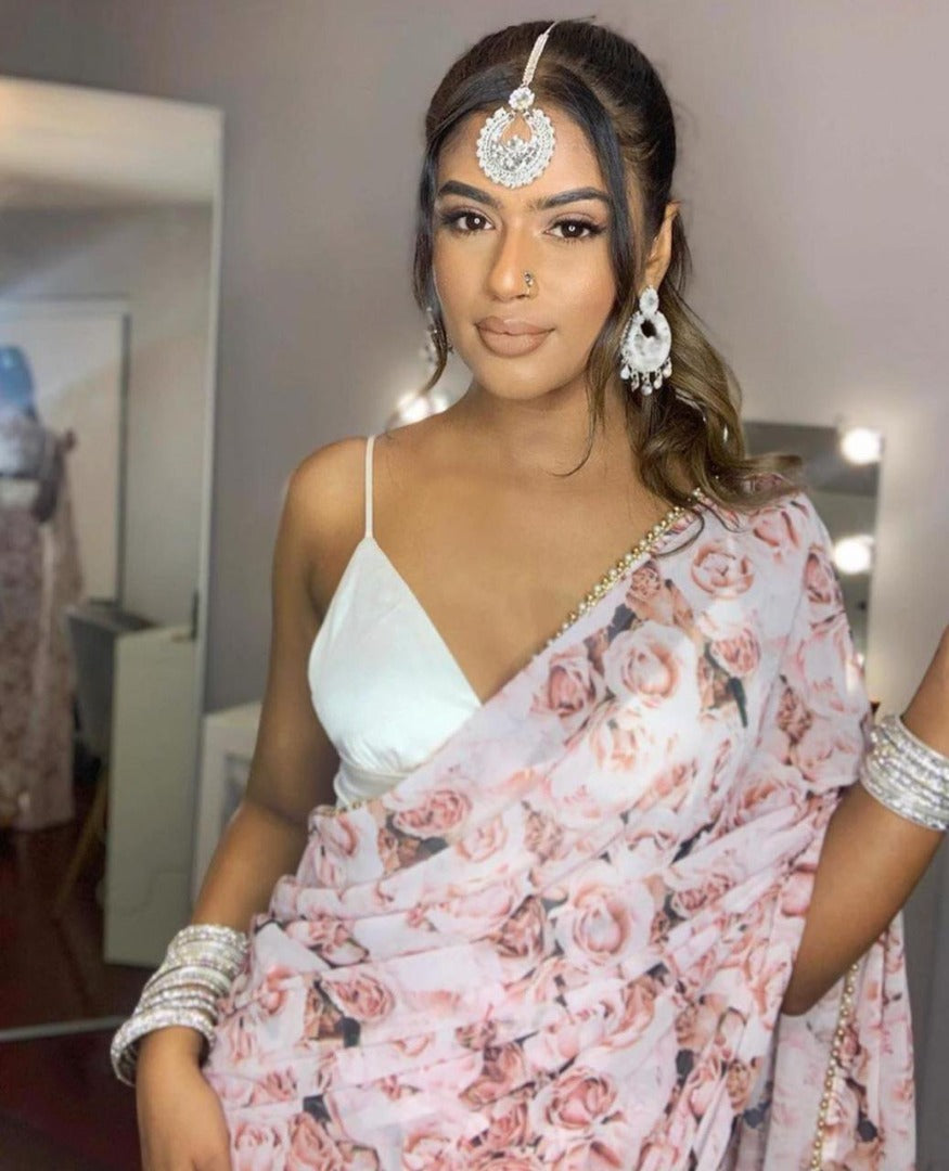 White georgette digital floral printed motilace saree