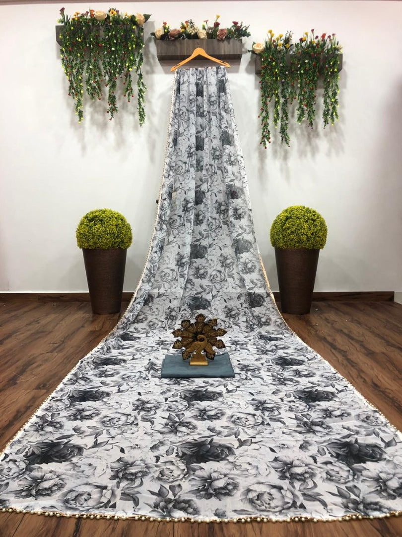 White georgette digital floral printed motilace saree