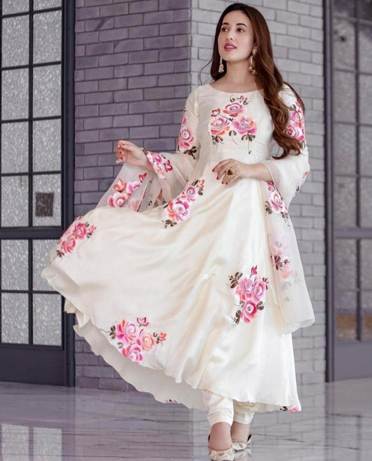 White georgette digital flower printed party wear gown