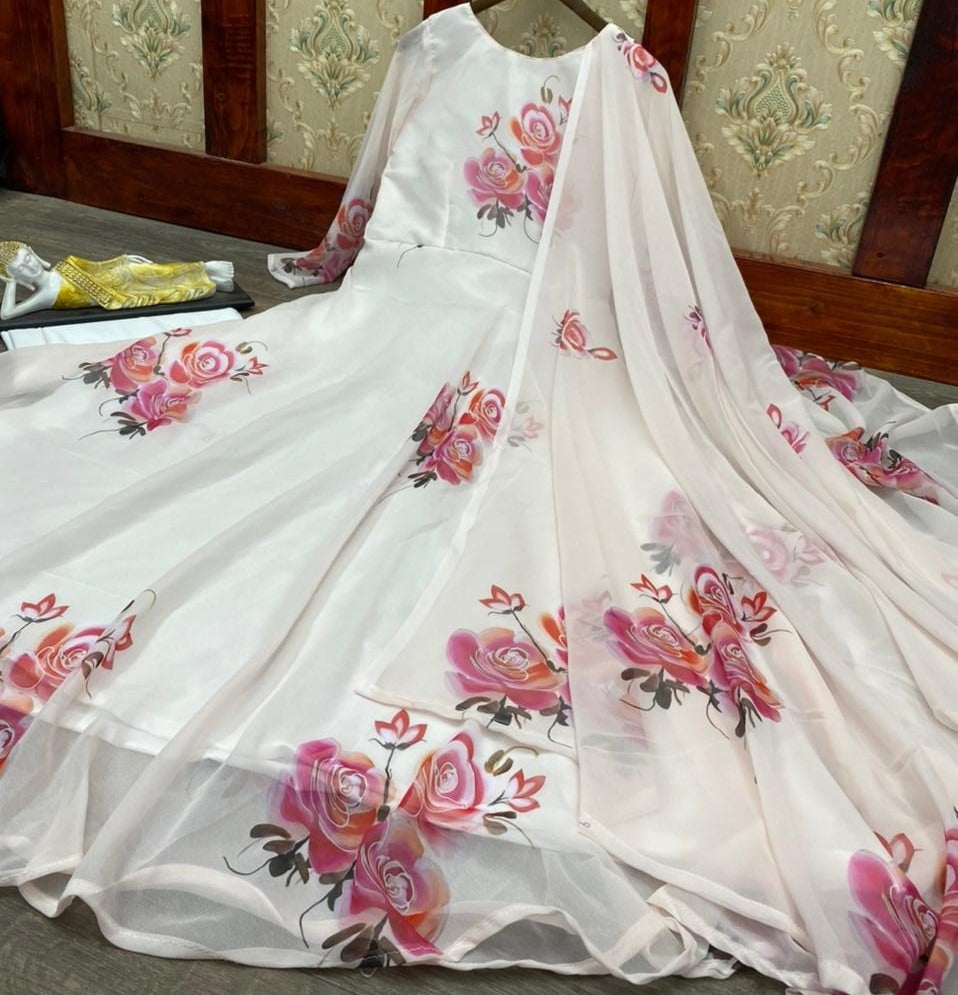 White georgette digital flower printed party wear gown