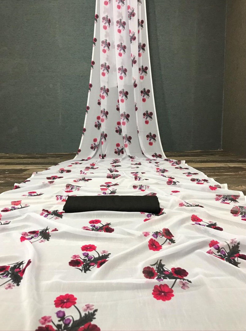 White georgette digital flower printed work saree
