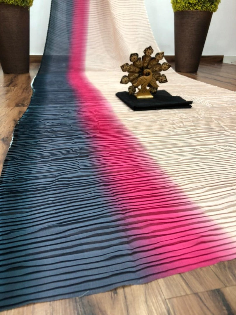 White georgette digital pleats printed work saree