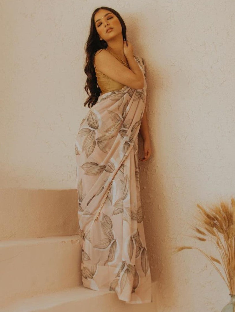 White georgette digital printed motilace saree