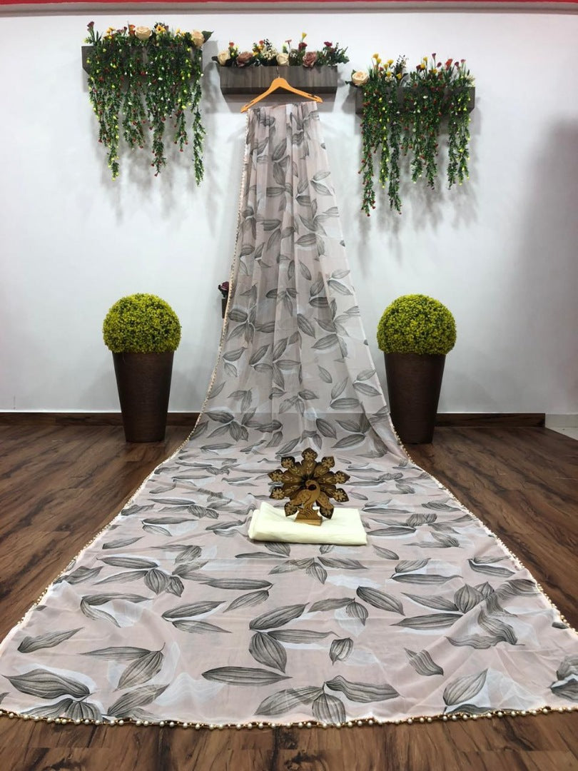 White georgette digital printed motilace saree