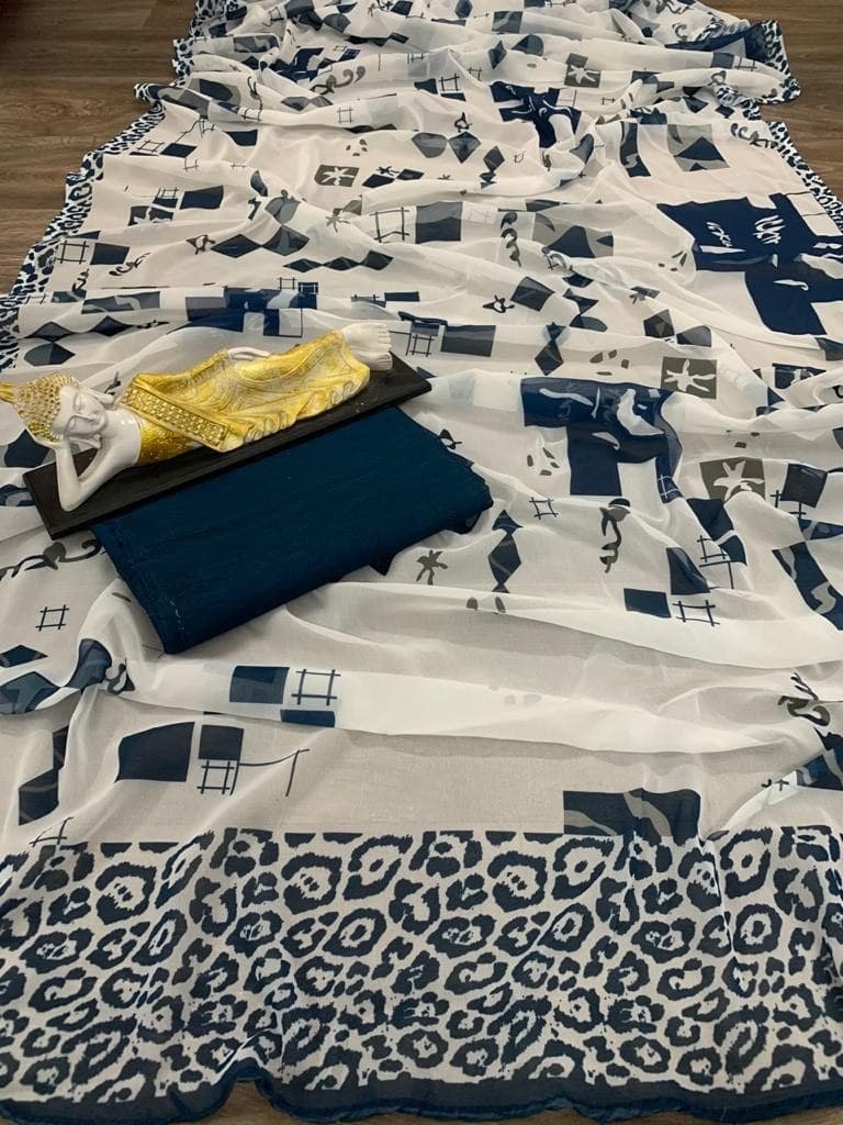 White georgette digital printed saree