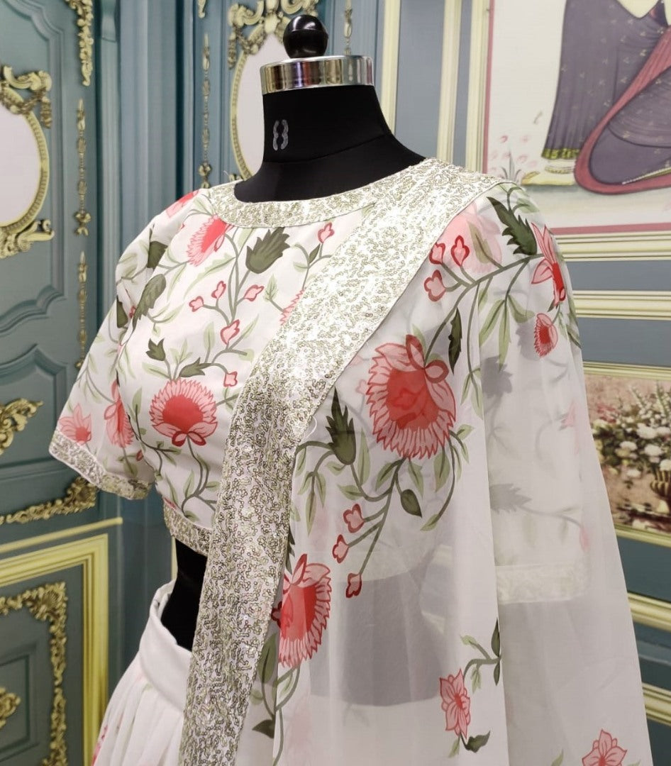 White georgette digital printed wedding lehenga choli