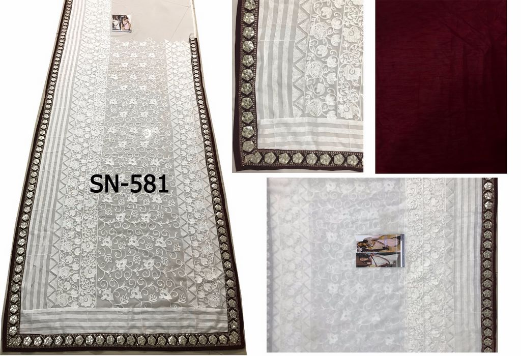 white georgette embroidered saree