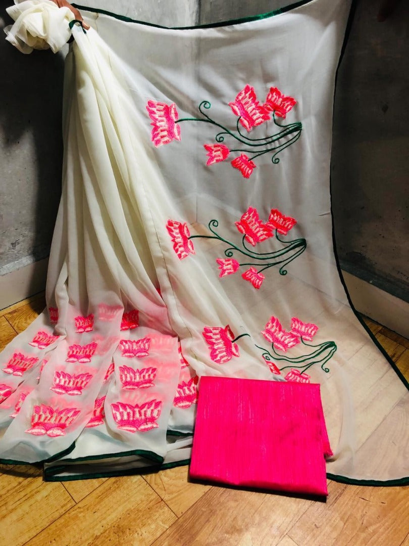 White georgette embroidered saree