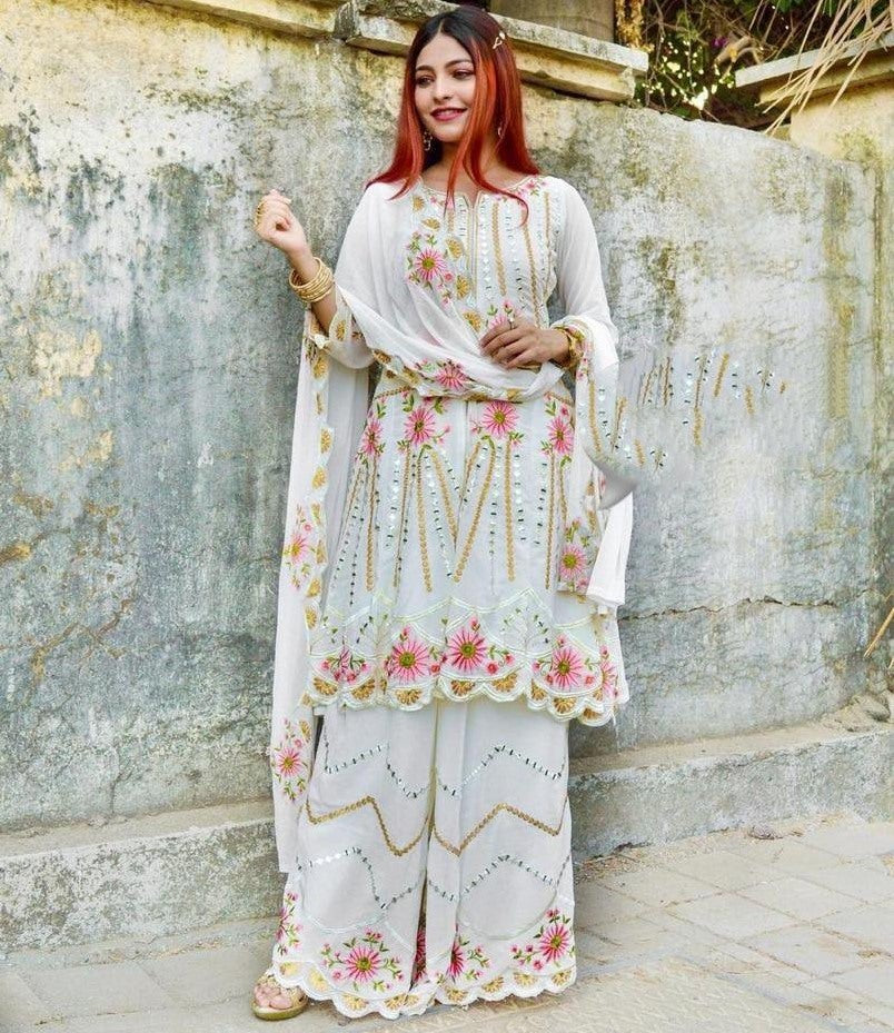 White georgette embroidered sequence work kurti with plazzo