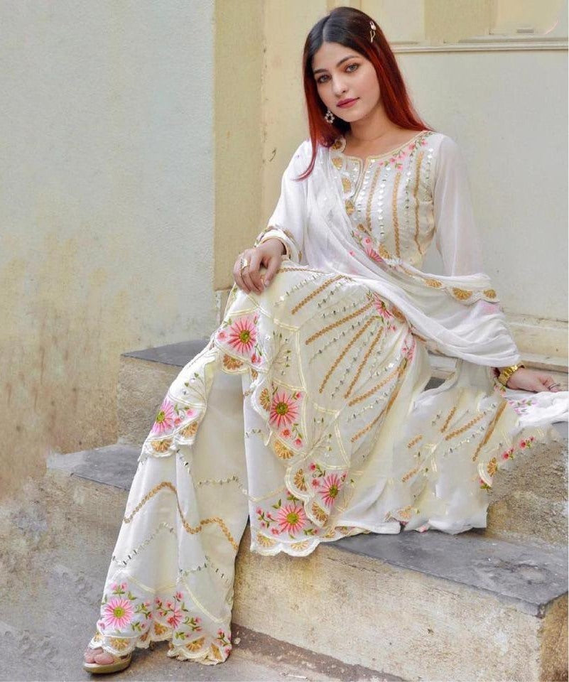 White georgette embroidered sequence work kurti with plazzo