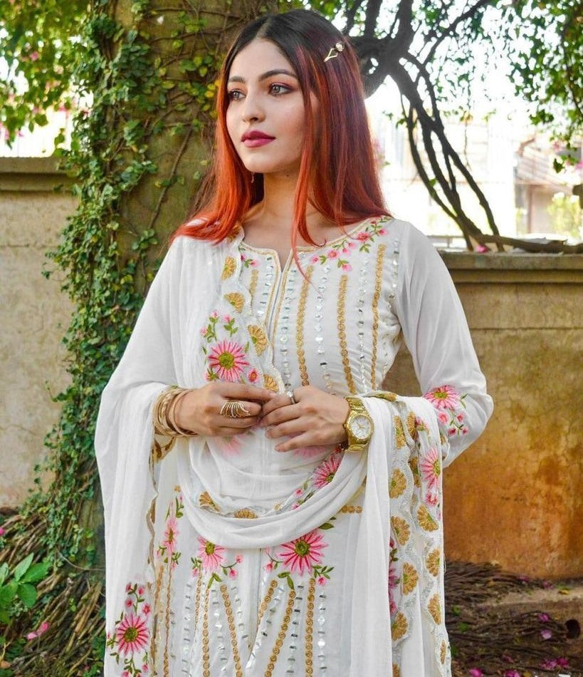 White georgette embroidered sequence work kurti with plazzo