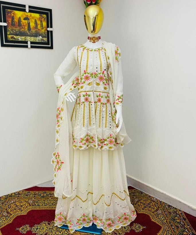 White georgette embroidered sequence work kurti with plazzo