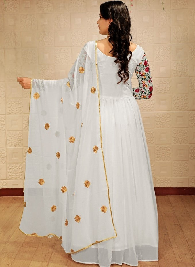White georgette embroidered thread work party wear gown