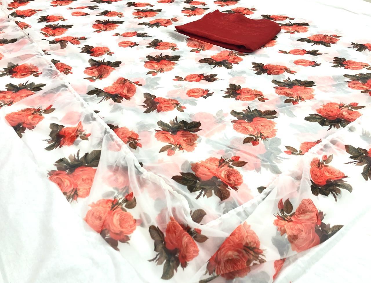 White georgette floral digital printed saree