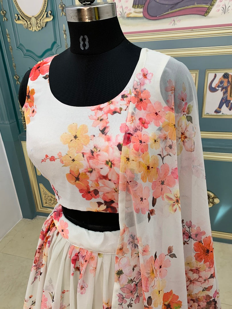 White georgette floral printed lehenga choli