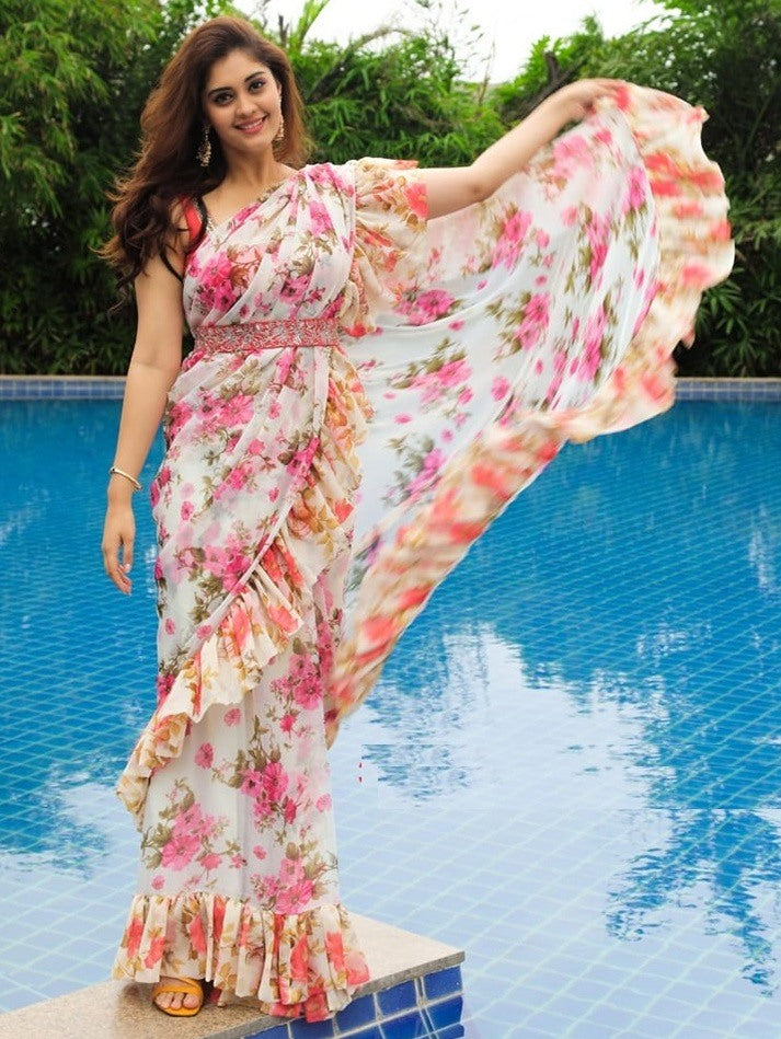 White georgette flower digital printed ruffle border saree