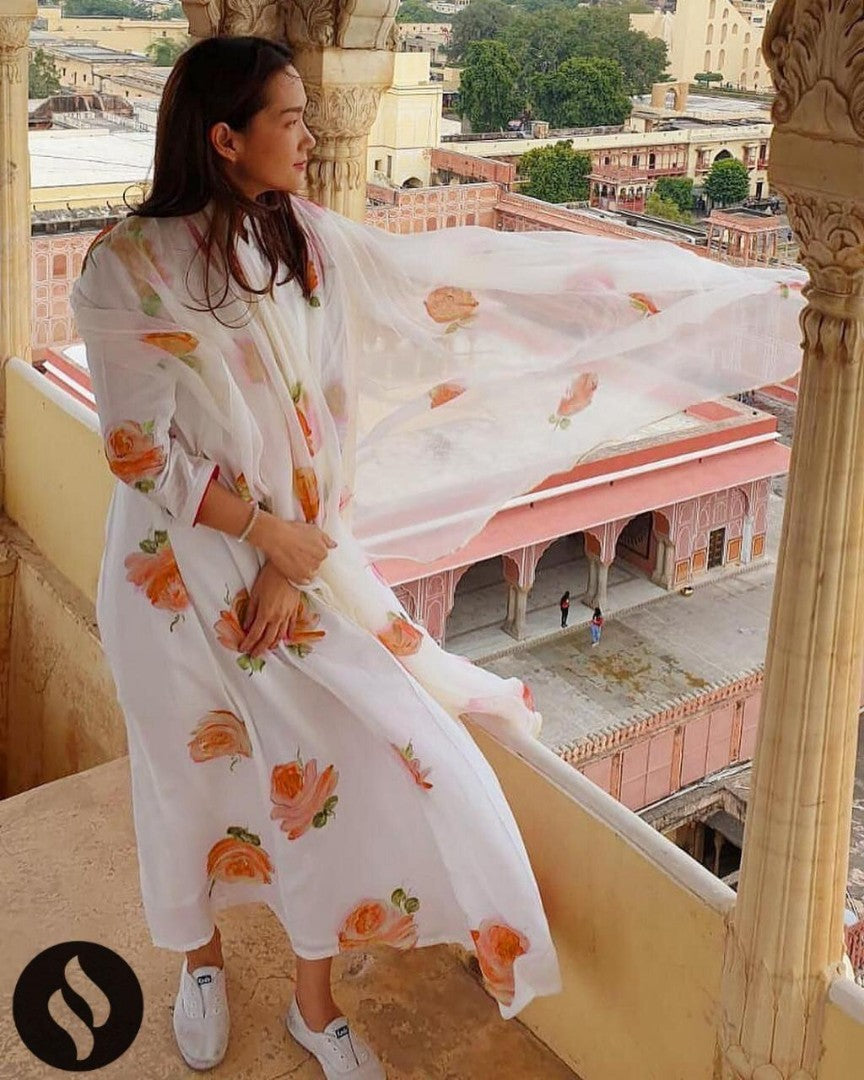 white georgette flower printed kurti