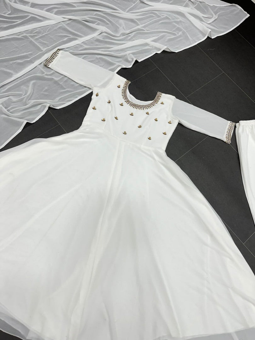White georgette handwork anarkali suit