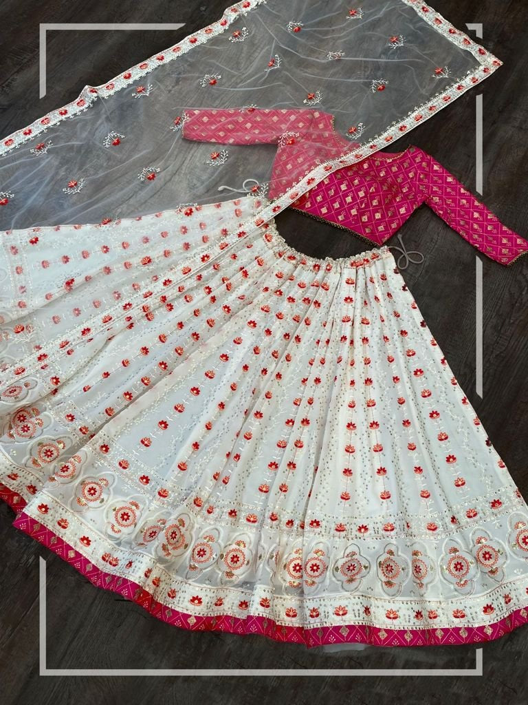 White georgette heavy embroidery sequins work wedding lehenga choli