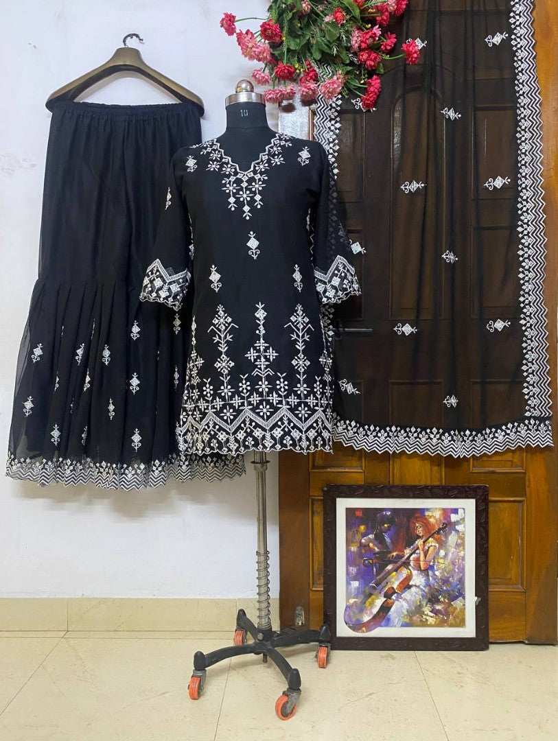 White georgette heavy embroidery work sara ali khan sharara suit