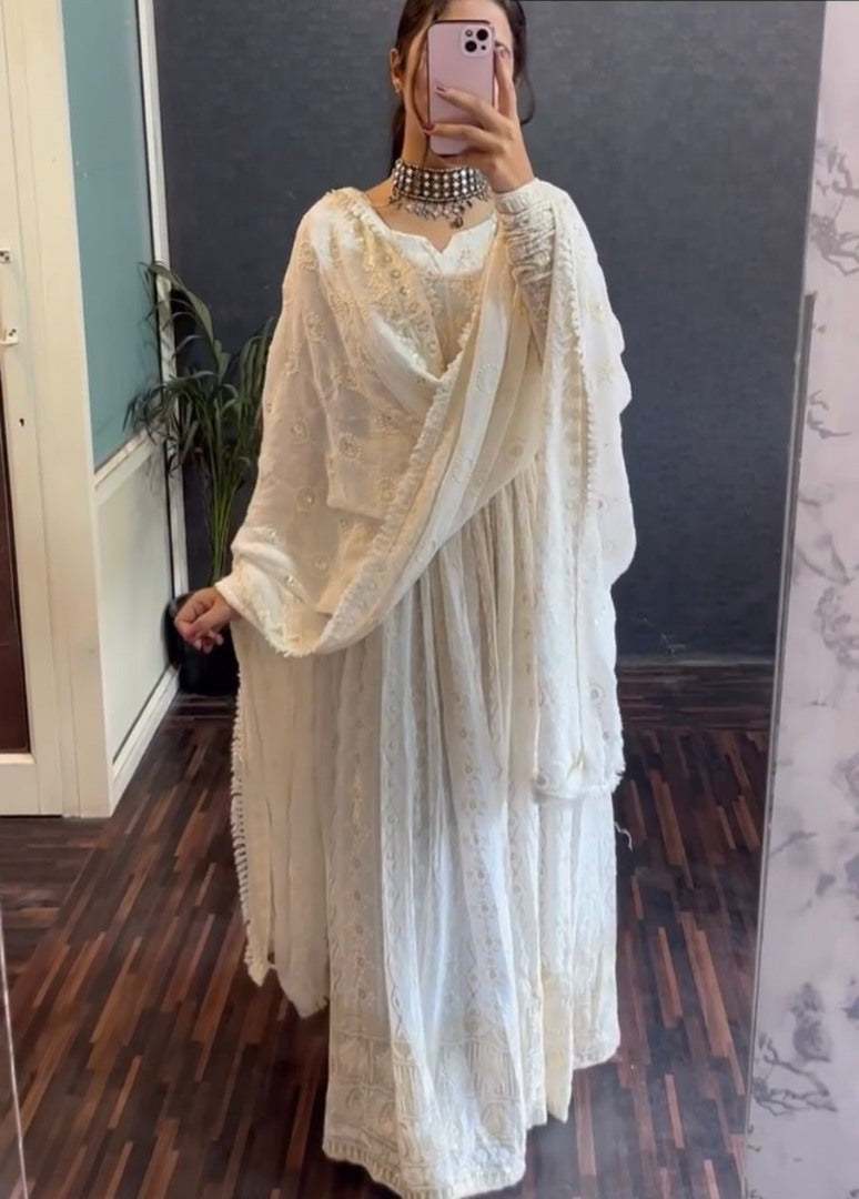 White georgette heavy thread sequence worked anarkali suit