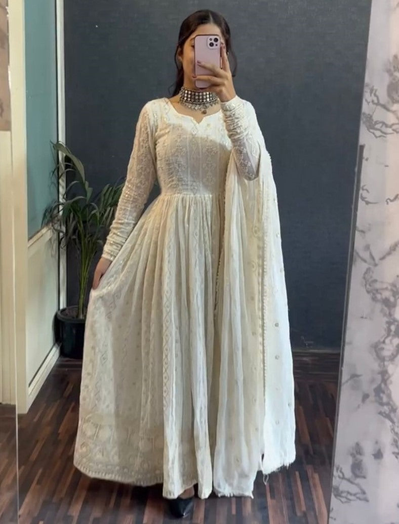 White georgette heavy thread sequence worked anarkali suit