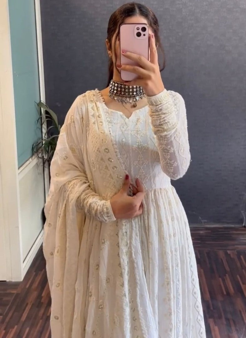 White georgette heavy thread sequence worked anarkali suit