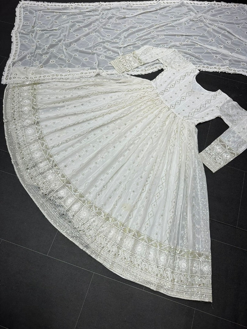 White georgette heavy thread sequence worked anarkali suit