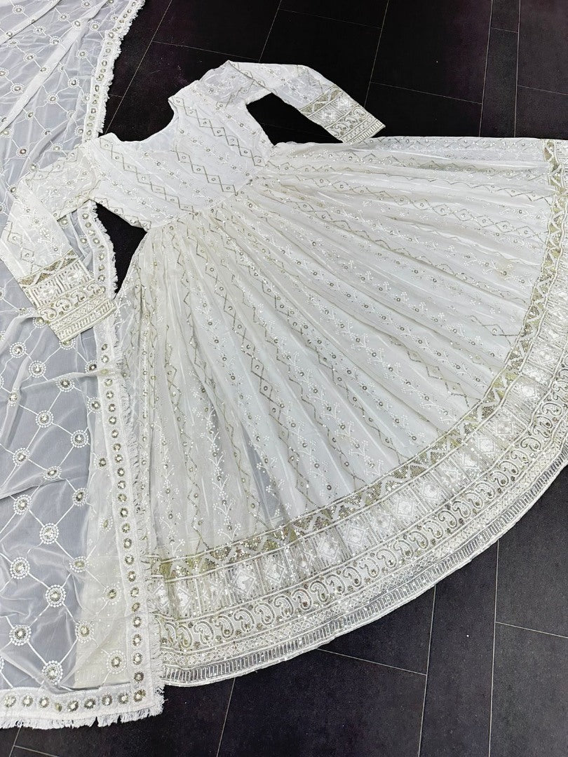 White georgette heavy thread sequence worked anarkali suit