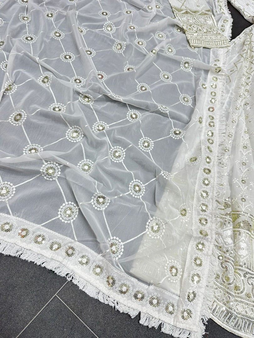 White georgette heavy thread sequence worked anarkali suit