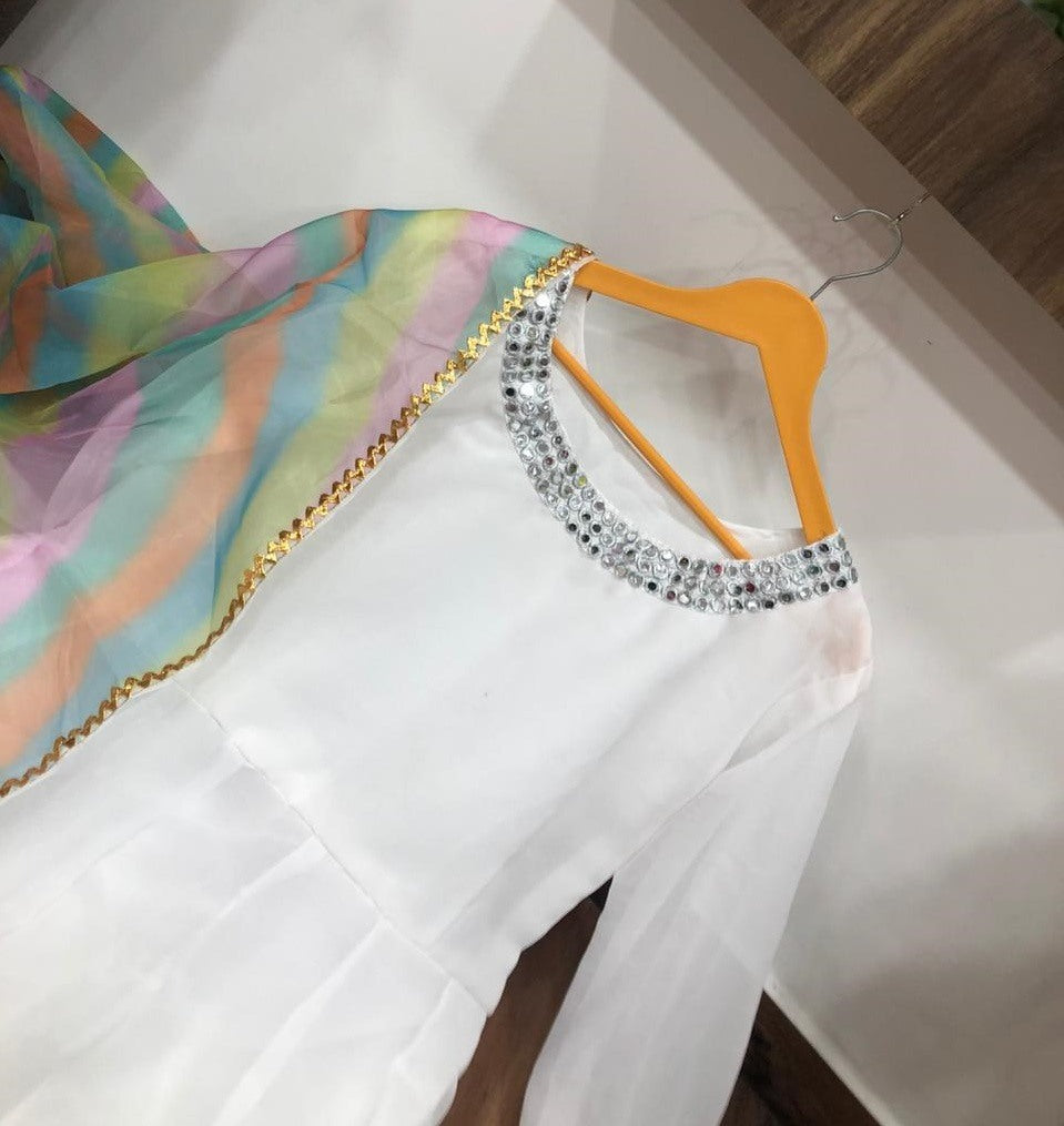 White georgette long anarkali gown with rainbow dupatta