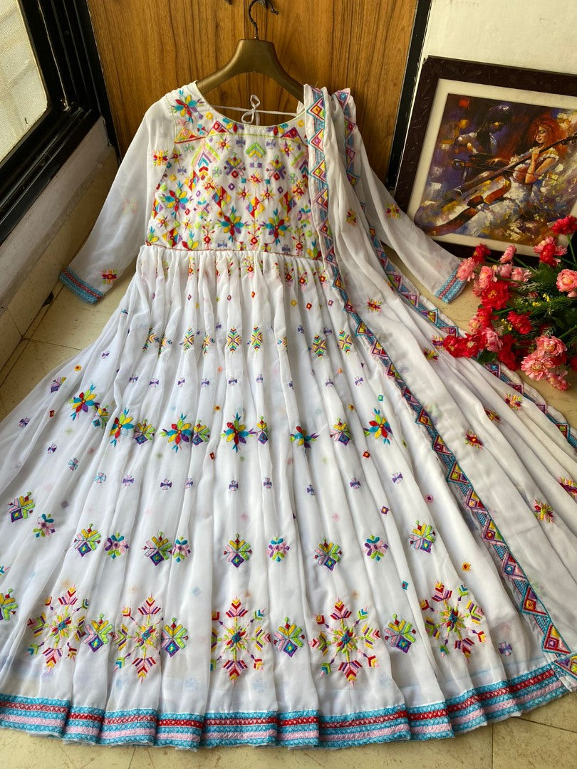 White georgette multi thread embroidered anarkali suit