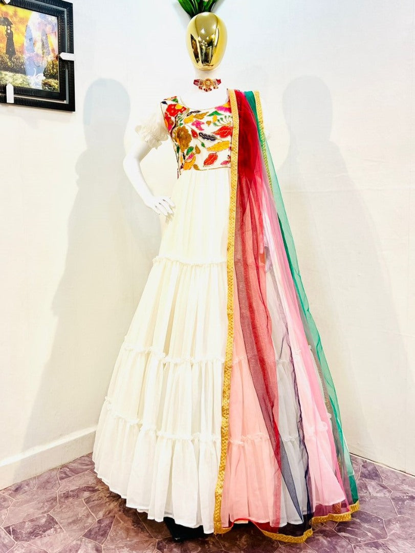 White georgette multi thread embroidered ruffle flair gown