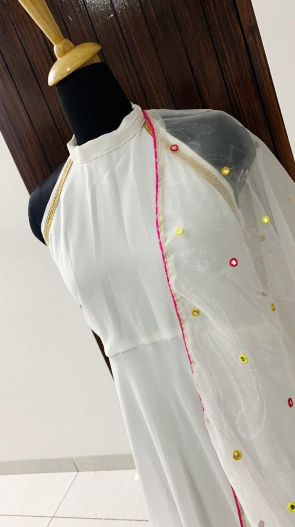 White georgette plain gown with stylist dupatta
