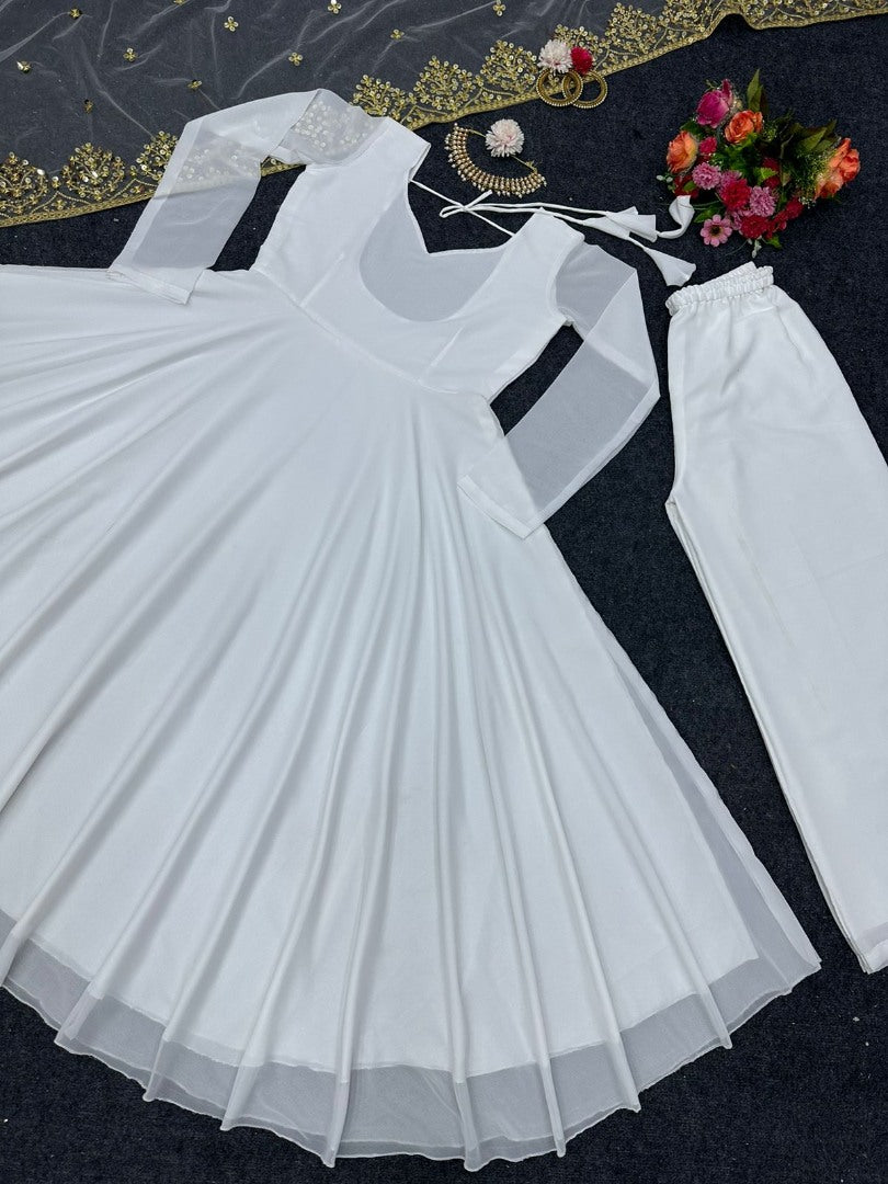 White georgette plain heavy umbrella flair gown