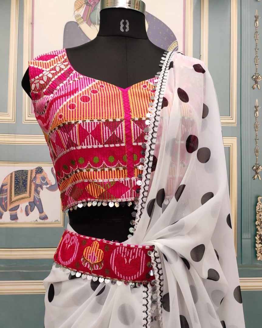 White georgette polka dot printed saree