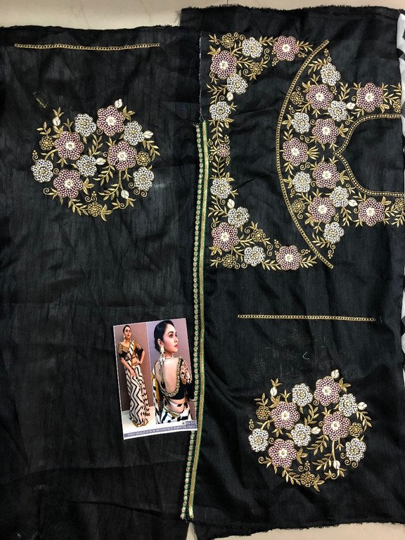 White georgette print partywear saree with embroidered blouse