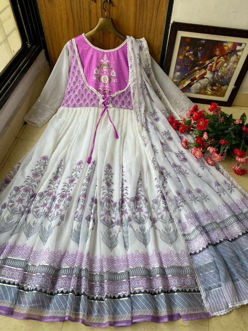 White georgette printed designer anarkali suit