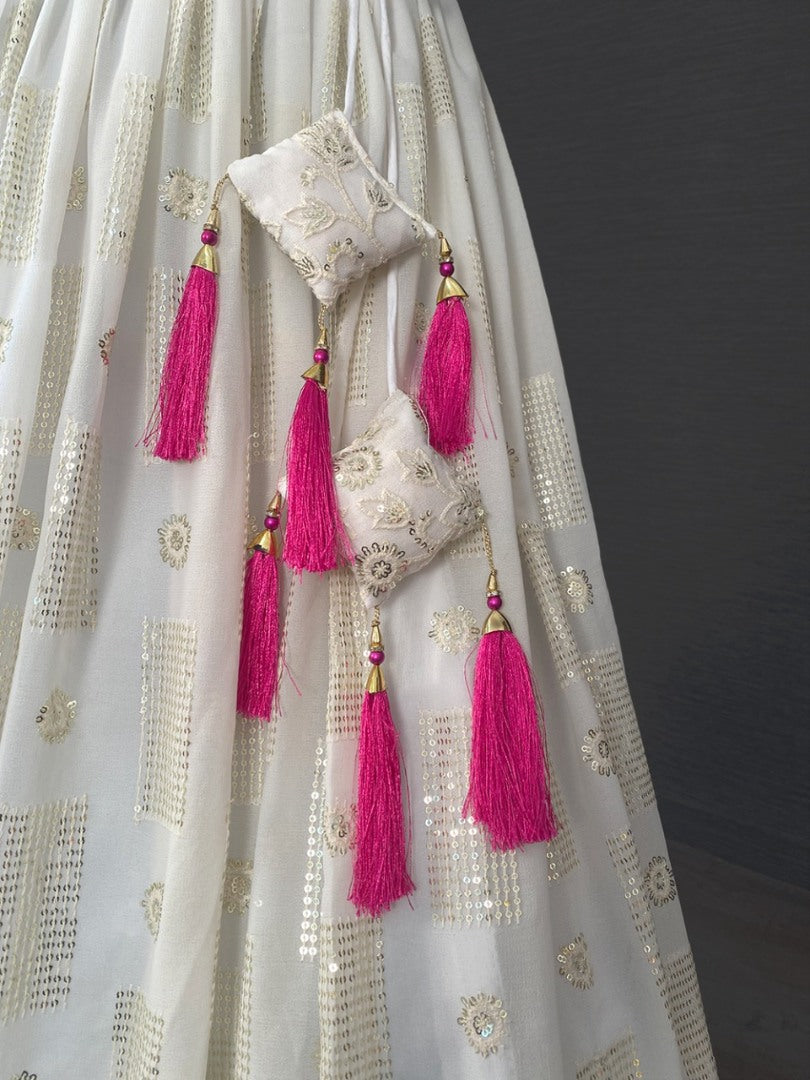 White georgette sequence and thread embroidered wedding lehenga choli