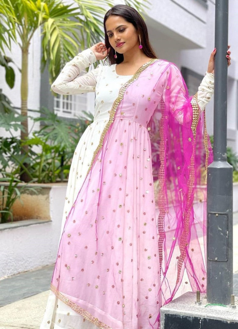 White georgette sequence embroidery work anarkali gown