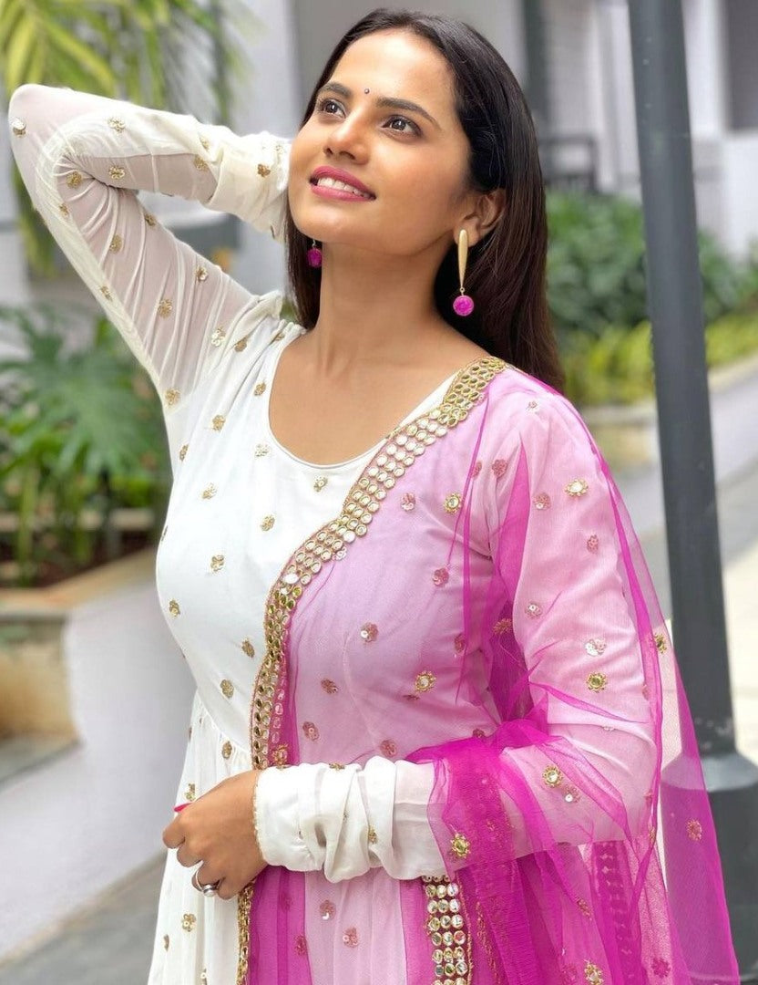 White georgette sequence embroidery work anarkali gown