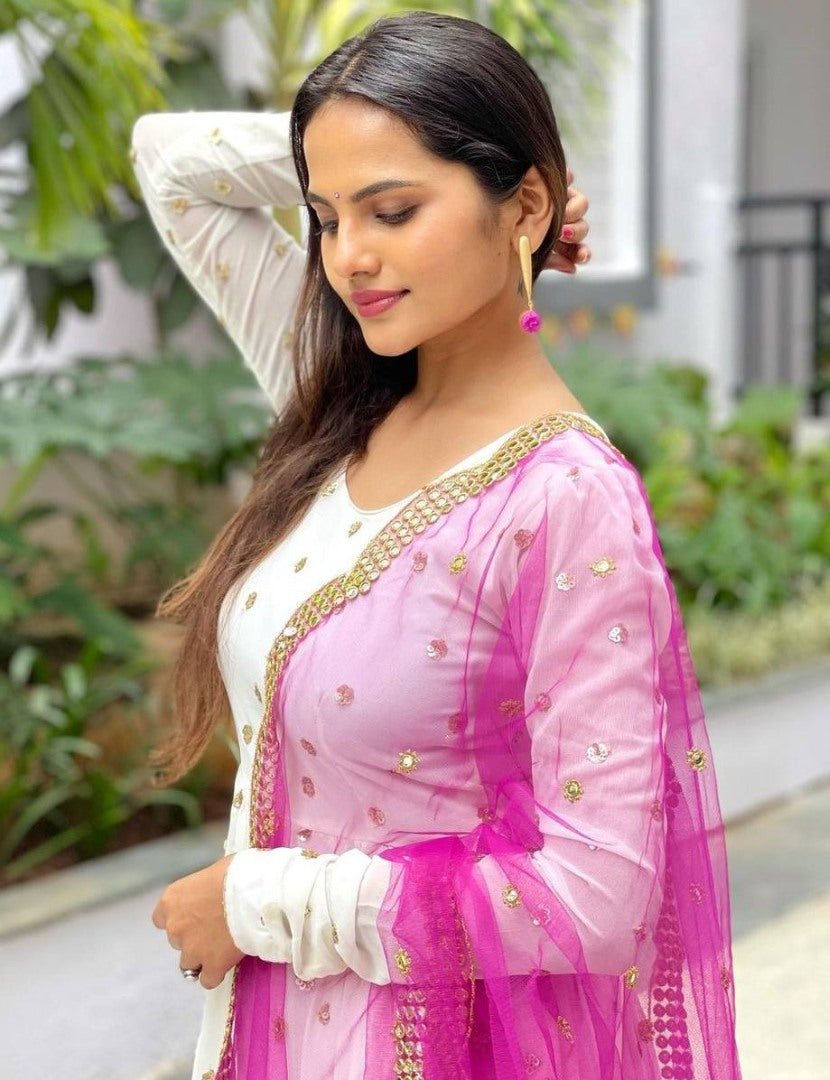 White georgette sequence embroidery work anarkali gown